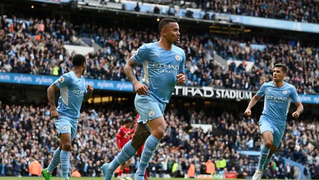 Gabriel Jesus of Manchester City celebrates after scoring his side's second goal. (Photo by Shaun Botterill/Getty Images)