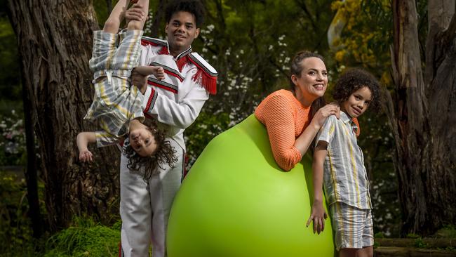 The colourful life of the Wright-Mendez family ... parents Katie and Leo are both circus performers, pictured with little Liam and Leo. Picture: RoyVphotography