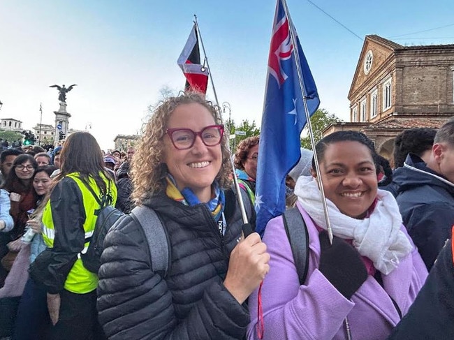 Rachel McLean, 49, and Helena Tutoe, 43, both from Cairns queued for hours to attend Pope Francis's funeral. Picture: Sophie Elsworth