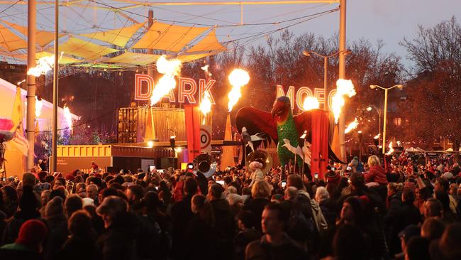 The Swift Parrot  Ogoh Ogoh paraded past the entrance to the Dark Mofo Winter Feast on it's journey to Macquarie PointPicture: LUKE BOWDEN