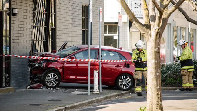 The driver of this car sustained minor injuries after crashing into a building on Angas Street in the Adelaide CBD on September 8, 2020. Picture: Morgan Sette