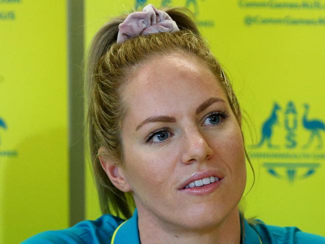 Members of the Australian swim team including Emily Seebohm  hold a press conference at Griffith University on the Gold Coast. Pics Adam Head