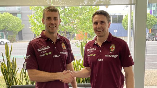 New Prince Alfred Old Collegians recruit Chris Curran with Old Reds playing coach Craig Pitt. Picture: Prince Alfred Old Collegians Football Club