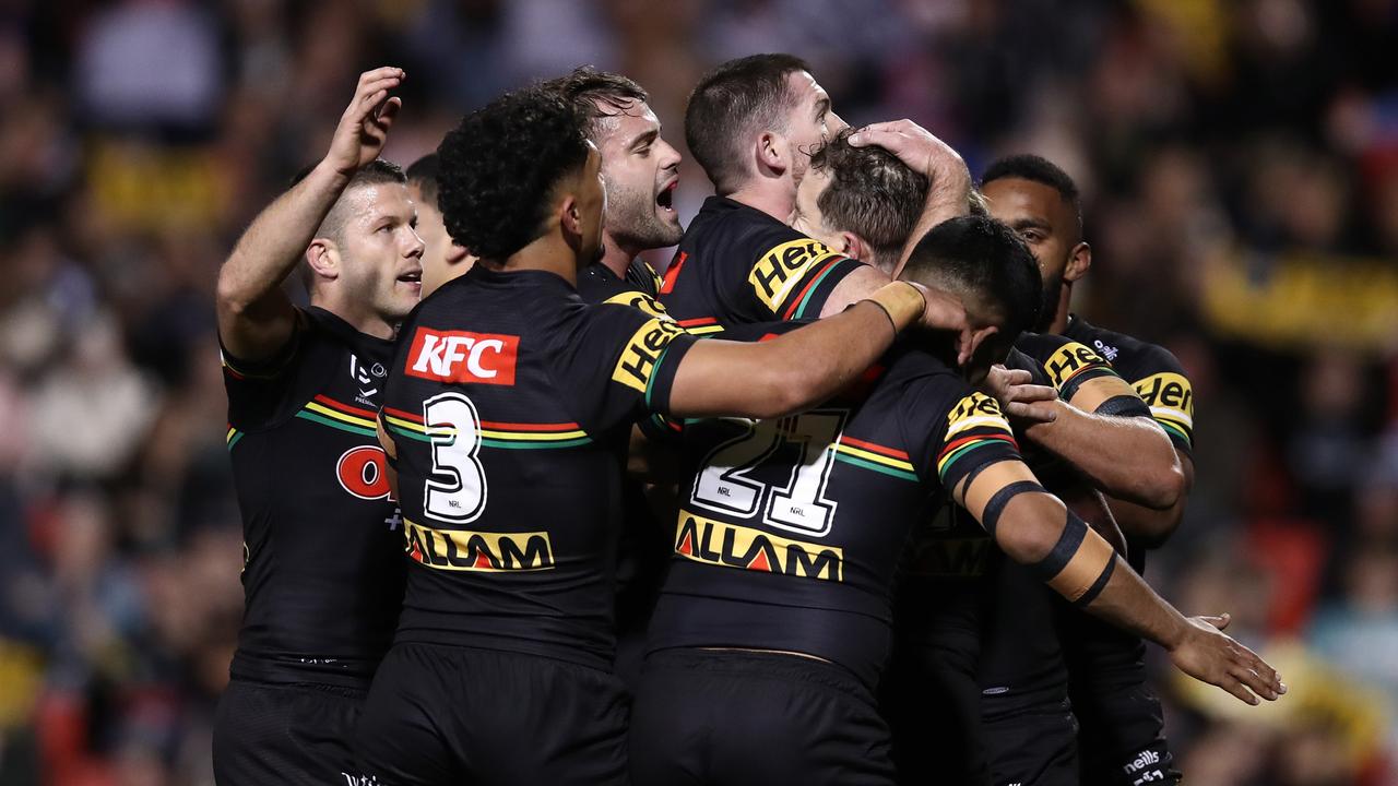 PENRITH, AUSTRALIA - JUNE 24: Dylan Edwards of the Panthers celebrates scoring a try during the round 17 NRL match between Penrith Panthers and Newcastle Knights at BlueBet Stadium on June 24, 2023 in Penrith, Australia. (Photo by Jason McCawley/Getty Images)