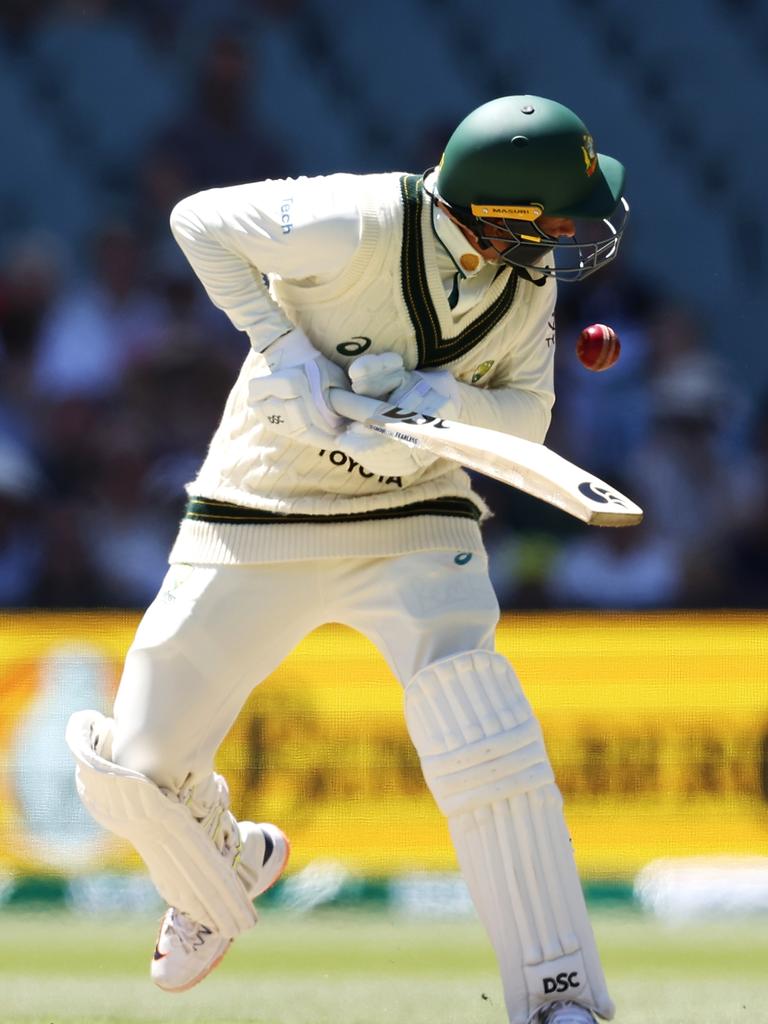 Usman Khawaja was hit by a Shamar Joseph bouncer. Picture: Paul Kane/Getty Images