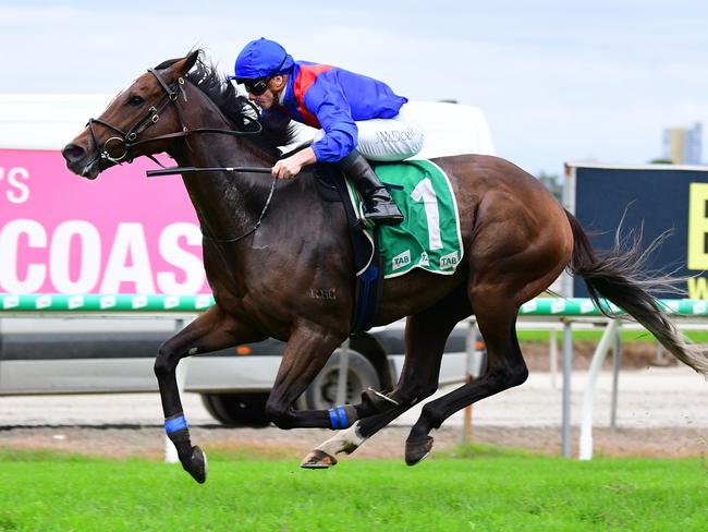 Annabel Neasham's Zaaki holds on to win the Group 2 Hollindale Stakes at the Gold Coast under jockey James McDonald, May 7 2022. Picture: Grant Peters-Trackside Photography,