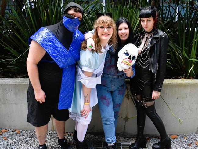 Trae Massey, Zoey Keep, Jessi Caulfield and Roschele Webberley at the Melbourne Oz Comic Con Xmas edition, held at the Melbourne Convention &amp; Exhibition Centre on Saturday, December 7, 2024. Picture: Jack Colantuono