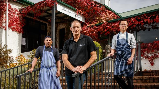 Andrew Friebe with staff members Sujith Gonsalkorala and Chun-Yang Li at Maximilians in 2020. Picture: Matt Turner