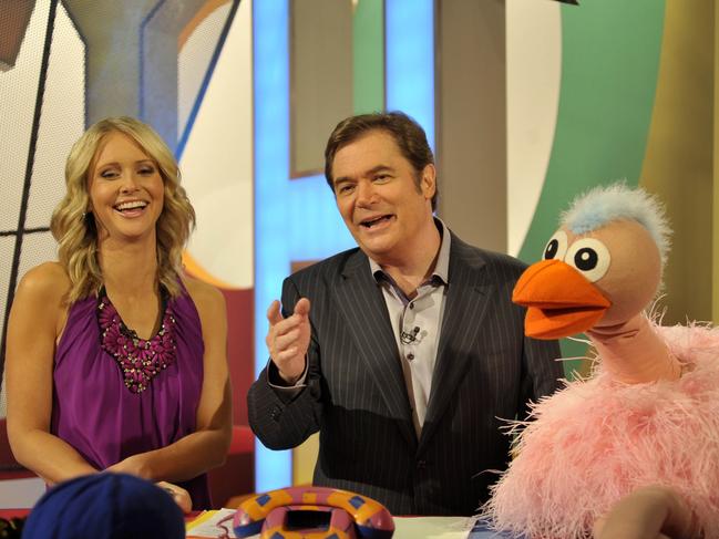 Livinia Nixon, Daryl Somers and Ossie Ostrich on the set of Hey Hey It's Saturday. Picture: Channel 9