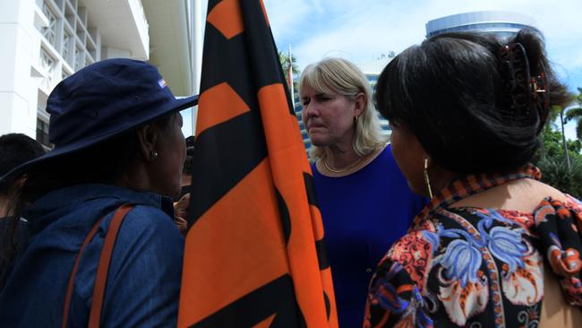 Transport Minister Eva Lawler meets with bus drivers as they strike outside parliament. Picture: (A)manda Parkinson