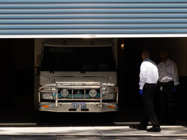 The prison van transporting former West Coast Eagles AFL player Ben Cousins leaves the Armadale Magistrates Court in Perth. Picture: AAP Image/Richard Wainwright