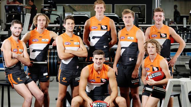 Giants young guns in 2014 (from left) Kristian Jaksch, Matt Buntine, Josh Kelly, Tom Boyd, Will Hoskin-Elliott, Adam Tomlinson, Aidan Corr and Liam Sumner. Picture: Craig Greenhill