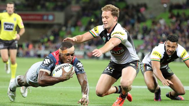 Suliasi Vunivalu scores the final try of the match during the round five NRL match between the Melbourne Storm and the Penrith Panthers.