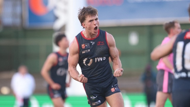 Sam Morris celebrates a goal for Norwood. Picture: Cory Sutton