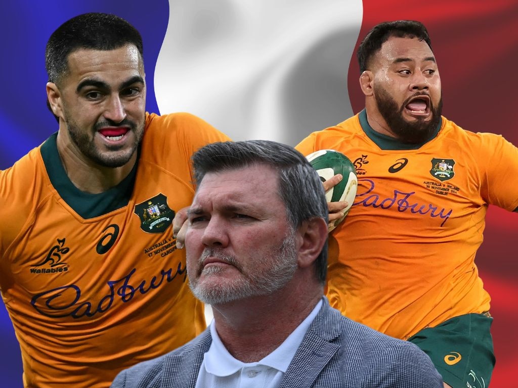 France-bound Wallabies duo Tom Wright and Taniela Tupou, with Rugby Australia chairman Daniel Herbert. Picture: Supplied