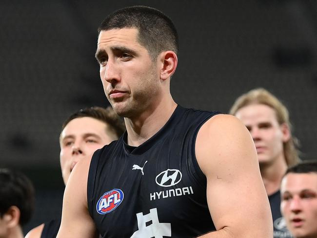 MELBOURNE, AUSTRALIA – AUGUST 27: Jacob Weitering and his Blues teammates look dejected after losing the round 24 AFL match between Carlton Blues and Greater Western Sydney Giants at Marvel Stadium, on August 27, 2023, in Melbourne, Australia. (Photo by Quinn Rooney/Getty Images)