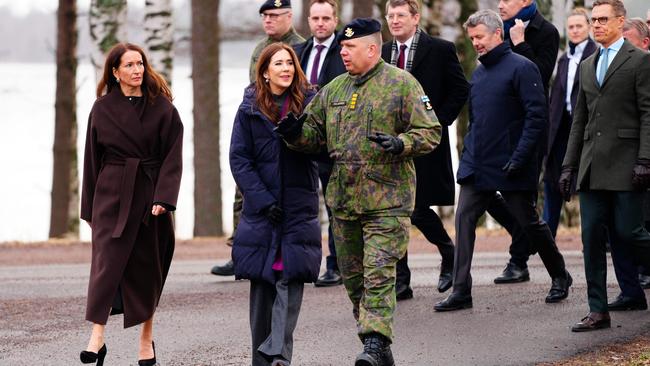 President of the Republic of Finland Alexander Stubb (R), spouse Suzanne Innes-Stubb (L), King Frederik X of Denmark (2nd R) and Queen Mary (2nd L) visit the main base of the Coastal Brigade in Upinniemi, Kirkkonummi, Finland. Picture: AFP / Denmark OUT