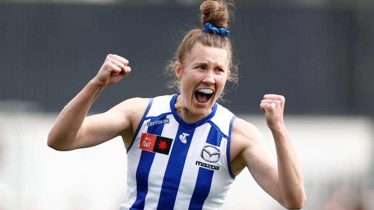 MELBOURNE, AUSTRALIA - NOVEMBER 12: Tahlia Randall of the Kangaroos celebrates a goal during the 2023 AFLW Second Qualifying Final match between The Melbourne Demons and The North Melbourne Tasmanian Kangaroos at IKON Park on November 12, 2023 in Melbourne, Australia. (Photo by Michael Willson/AFL Photos via Getty Images)