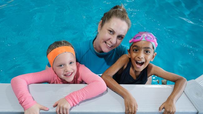 Jump Swim School recently had an application to expand their businesses in Torquay rejected. Pic shows Aubree 5 , Instructor Kylie Stuart and Ira 5 at their Armstrong Creek pool. Picture: Mark Wilson