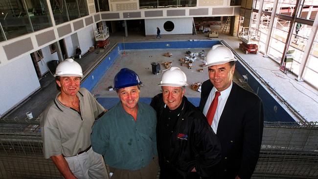 Radio presenter Graham Cornes with Next Generation founder David Lloyd, media personality Ken “KG” Cunningham and the gym’s first chief executive John Alexander during the centre’s construction in 1999. Picture: John Sherwell