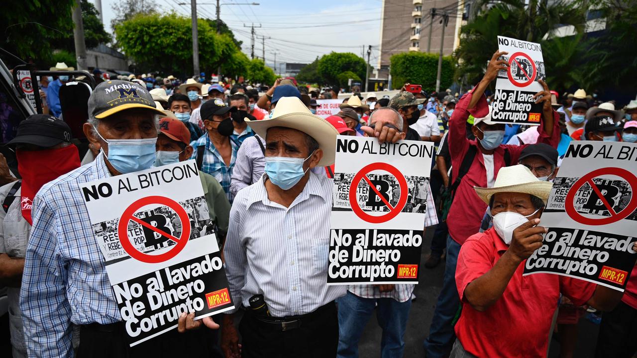 Army veterans march to protest against the implementation of bitcoin in El Salvador. Picture: Marvin Recinos/AFP