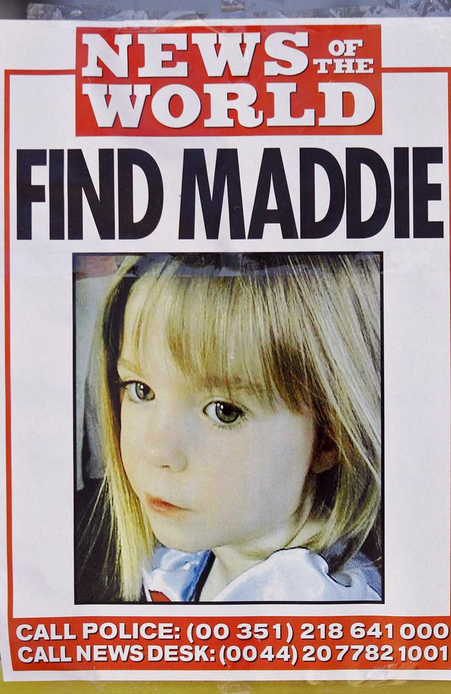 A poster displaying the police and infos desk numbers for the missing four-year-old British girl Madeleine McCann in the area of the beach resort of Lagos, in Praia da Luz, southern Portugal. Picture: AFP