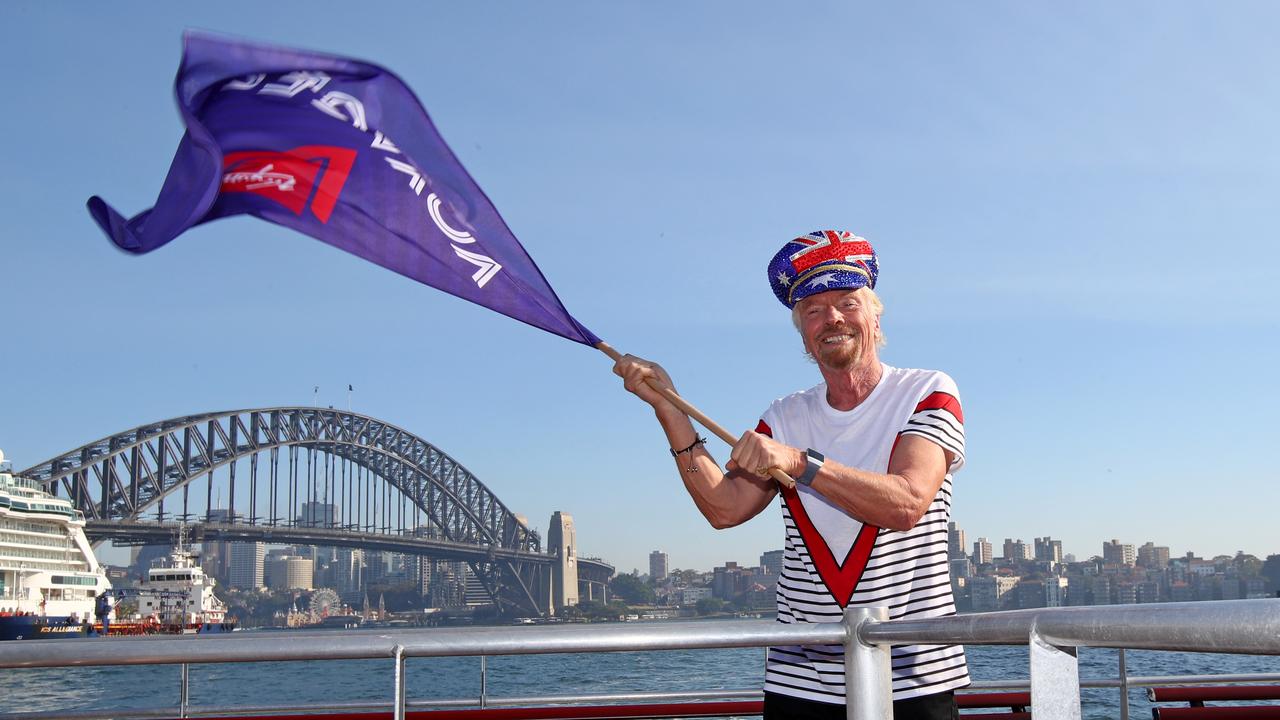 Richard Branson greets commuters on a Sydney Ferry in late 2019 to promote cruise line Virgin Voyages. Picture: Toby Zerna