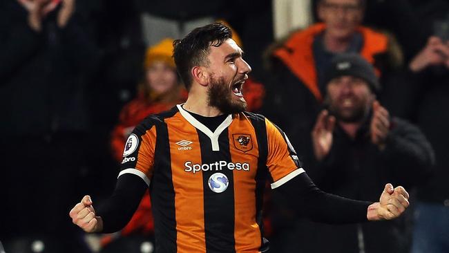 Robert Snodgrass of Hull City celebrates scoring.