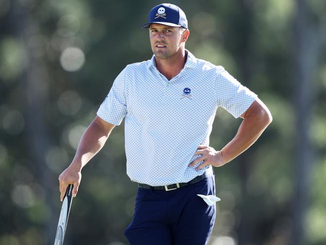 AUGUSTA, GEORGIA - APRIL 12: Bryson DeChambeau of the United States looks on from the 18th green during the second round of the 2024 Masters Tournament at Augusta National Golf Club on April 12, 2024 in Augusta, Georgia. (Photo by Warren Little/Getty Images)