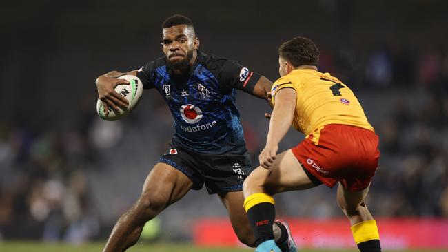 SYDNEY, AUSTRALIA - JUNE 25: Sunia Turuva of Fiji runs the ball during the Men's International Test Match between Papua New Guinea and Fiji at Campbelltown Sports Stadium on June 25, 2022 in Sydney, Australia. (Photo by Mark Kolbe/Getty Images)