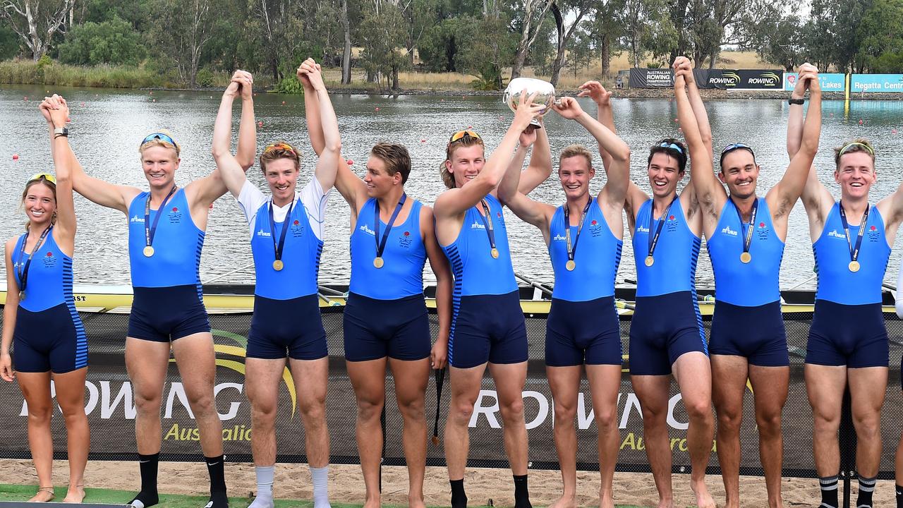Interstate men's rowing crew: Stroke to Bow: Declan Glendinning, Nikolas Pender, William Delaney, Miles Harrold, Hamish Danks, Max Von Appen, Henry Ryan, Bradley Graham, Cox: Teresa Harris