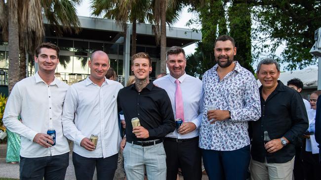 Scott Carlin, Shrek Davis, Koby Villis, Chris Lay, Arnold Lirby and Lachlan Cassidy at the 2023-24 NTFL Nichols awards night. Picture: Pema Tamang Pakhrin