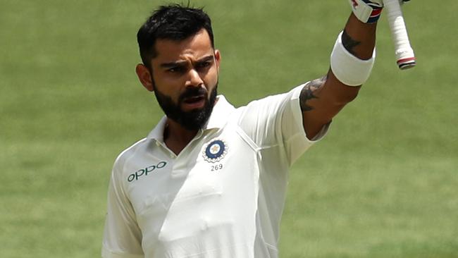 Virat Kohli celebrates scoring a century during day three. Picture: Getty Images