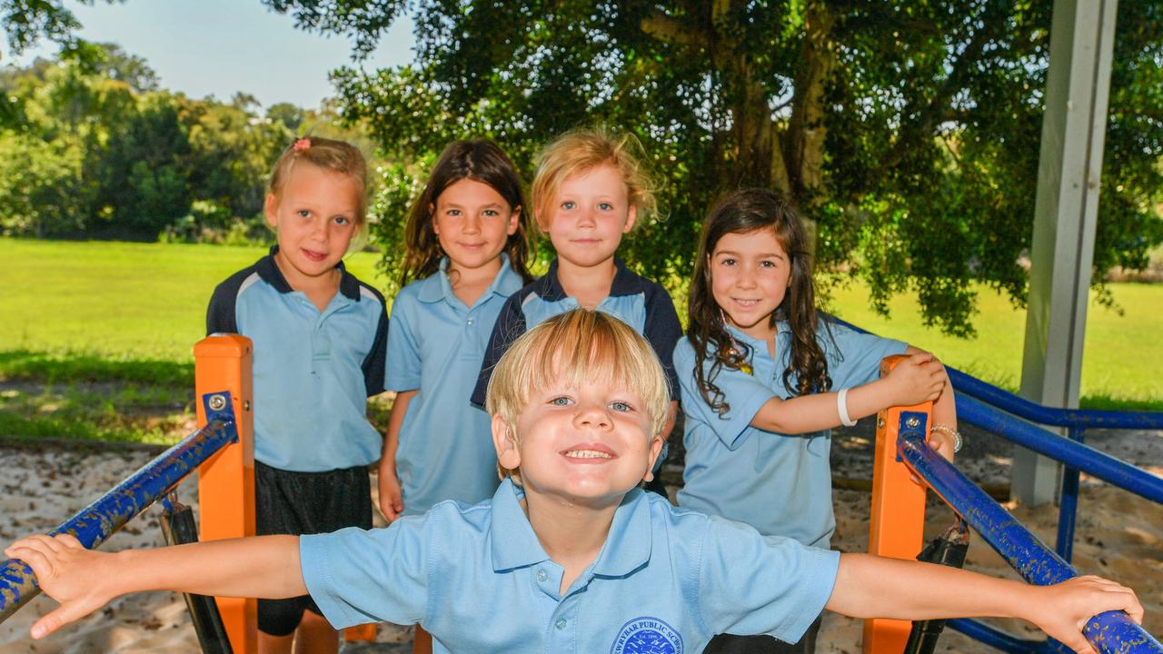 Newrybar Public School kindergarten 2023 from left: Doris, Kiara, Daisy, Lexi and Remi in the front.