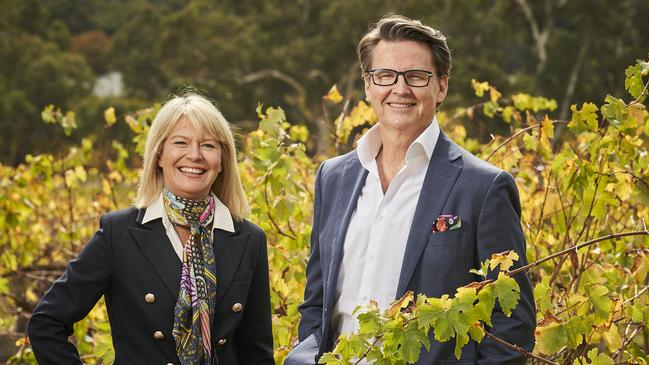 Business SA chair Nikki Govan with incoming chief executive Andrew Kay who will be leaving as long-standing managing director at Wirra Wirra Vineyards in McLaren Vale. Picture: Matt Loxton