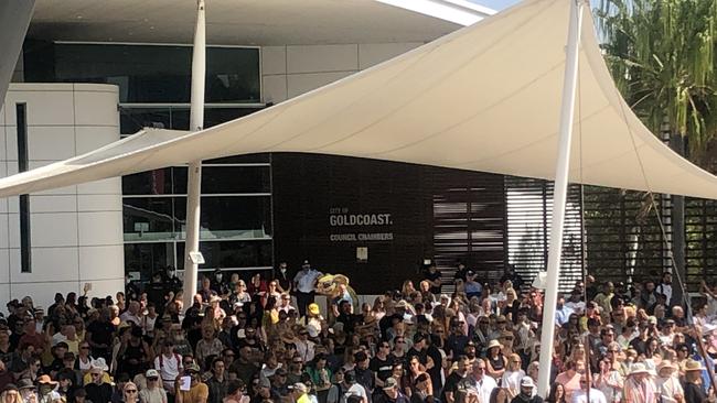 The "silent" Covid-19 protest outside Gold Coast City Council Chambers on Tuesday morning. Picture: Kyle Wisniewski