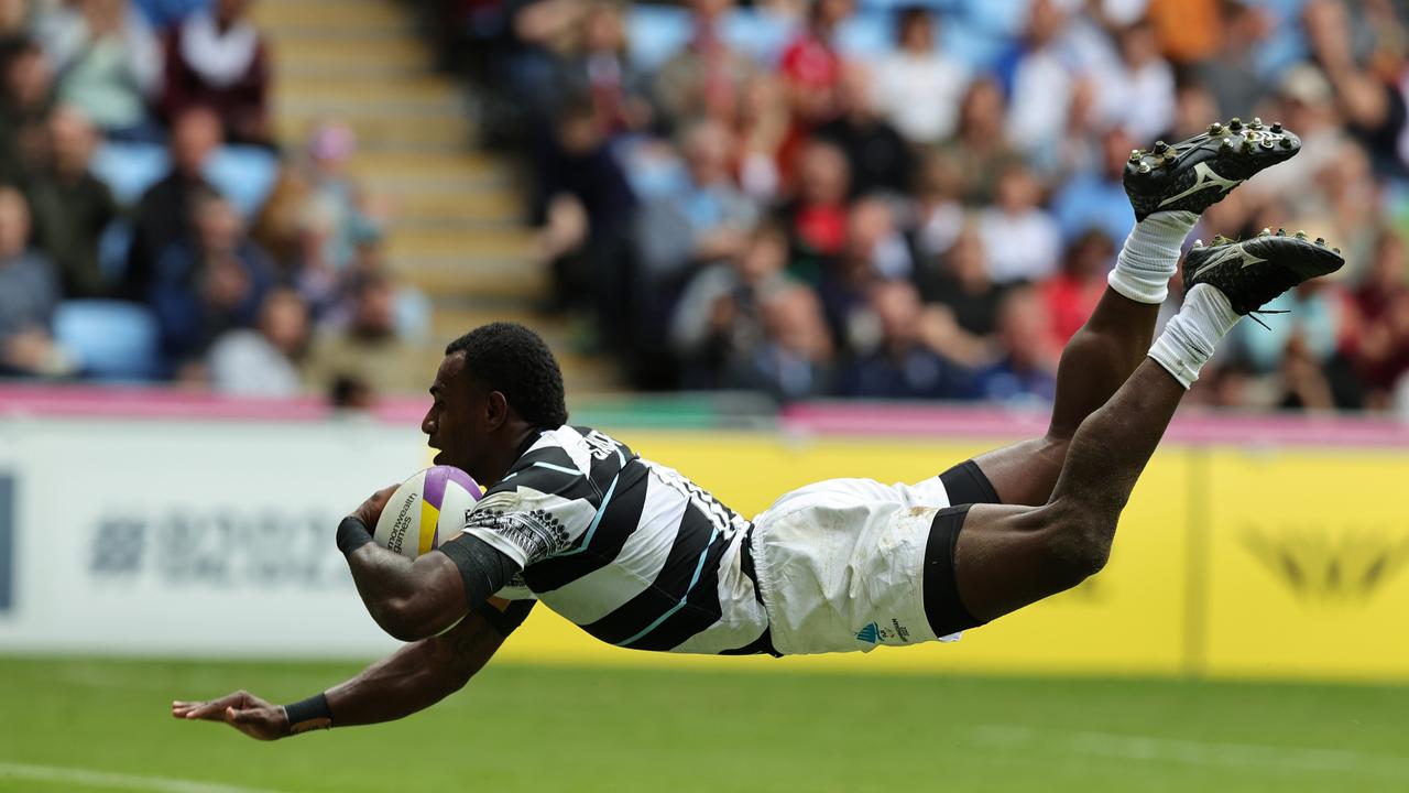 Filipe Sauturaga of Fiji dives over to score in Fiji’s victory over New Zealand.Picture: David Rogers/Getty Images