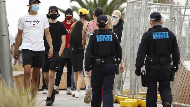 Police patrol around St Kilda in Melbourne on Sunday. Picture: NCA NewsWire / Daniel Pockett