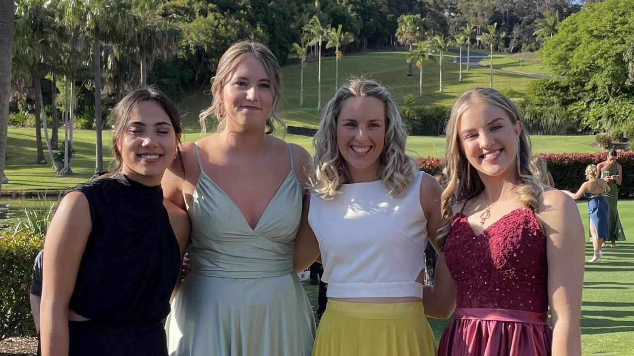 Alana Ward, Ella Wilson, Kayla McIntosh (Year 12 coordinator) and Darcy Gibbons at the Year 12 Woolgoolga High School formal. Picture: Matt Gazy