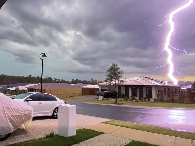 A lighting strike at Greenbank southwest of Brisbane. Picture: Shearna Handley/Severe Weather Australia