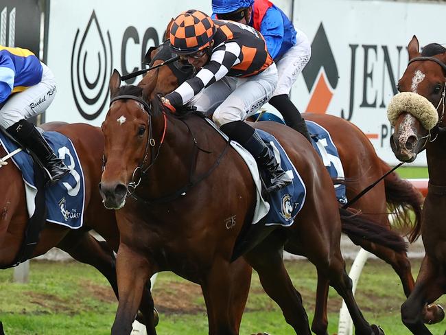 NEWCASTLE, AUSTRALIA - MAY 11: Tom Sherry riding Magnaspin wins Race 8 The Coast during "The Coast Raceday" - Sydney Racing at Newcastle Racecourse on May 11, 2024 in Newcastle, Australia. (Photo by Jeremy Ng/Getty Images)