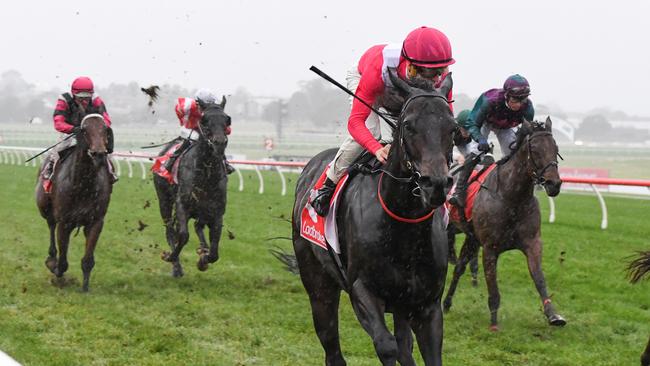 Jockey Lewis German rides Sagarra to victory in the Ladbrokes at Sandown in Melbourne this week. Picture: AAP