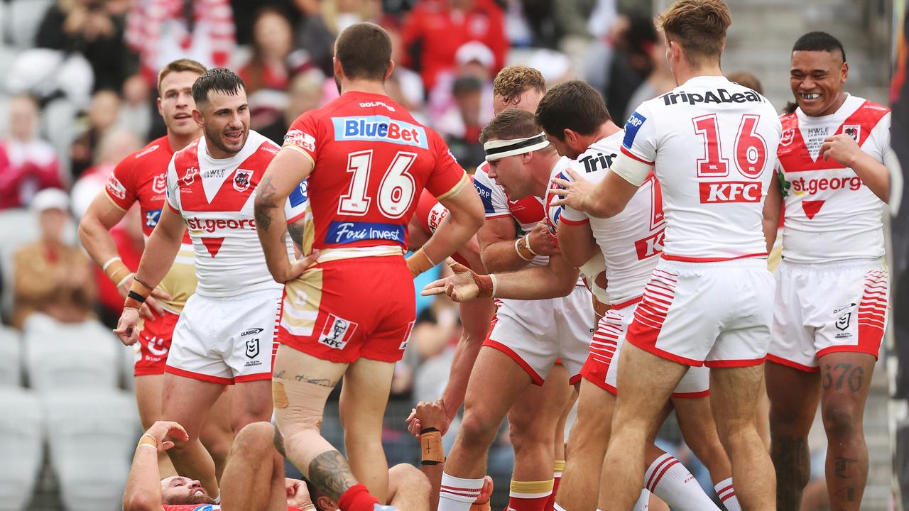 The Dragons were much better against the Dolphins, with Lawrie crashing over for a try as the players did their best to help out their coach. Picture: Mark Metcalfe/Getty Images