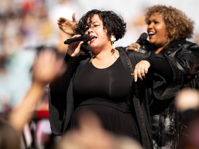 SYDNEY, AUSTRALIA - OCTOBER 02: Mahalia Barnes performs in the pre-match entertainment before the NRLW Grand Final match between Newcastle Knights and Parramatta Eels at Accor Stadium, on October 02, 2022, in Sydney, Australia. (Photo by Mark Kolbe/Getty Images)