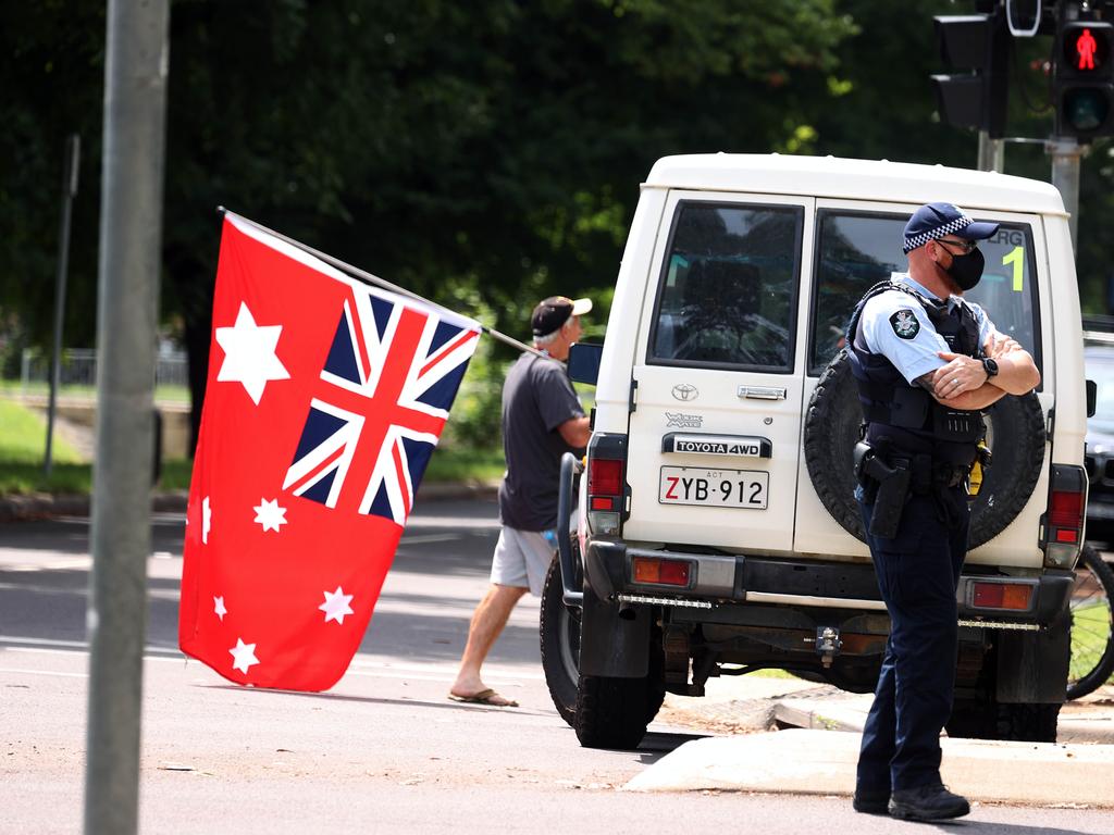 Protesters blocked the entrance to the National Press Club ahead of the PM’s address. Picture: Gary Ramage/NCA NewsWire