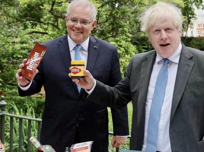 Prime Minister Scott Morrison with his English counterpart Boris Johnson while they were attending the G7 summit in England.