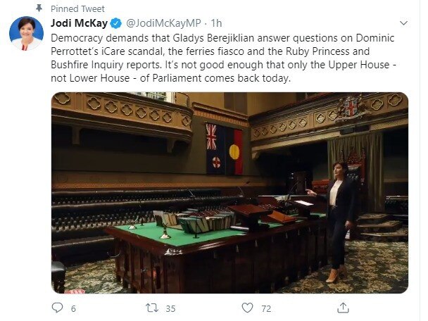 The now-deleted Facebook post of Jodi McKay attacking the state government in the empty chamber.