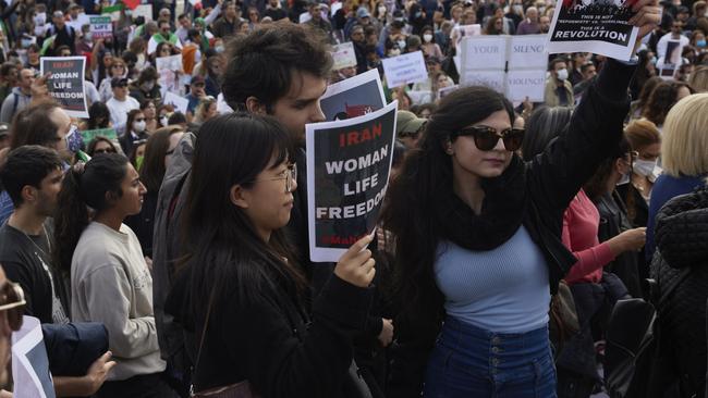 Protesters gather in solidarity with Iranian protesters at Trafalgar Square on October 1 this year.