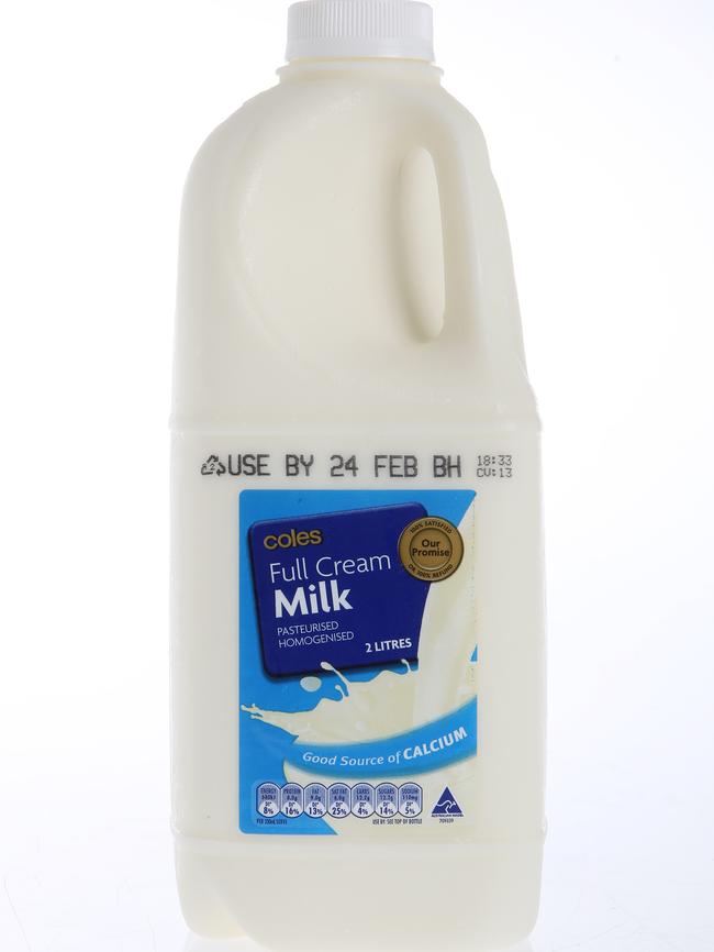 A 2-litre plastic bottle of Coles Home Brand milk.