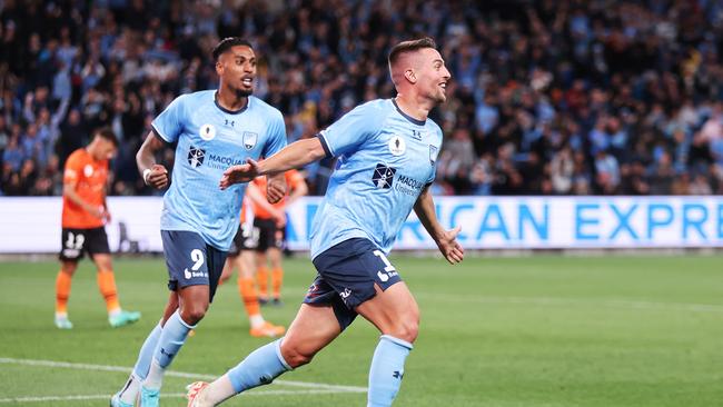 Robert Mak (right) celebrates after scoring in Sydney FC’s Australia Cup win. Picture: Matt King/Getty Images